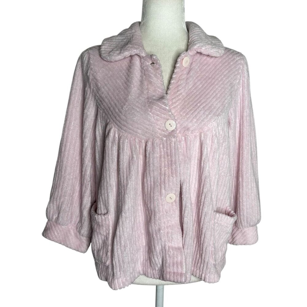 Vintage 90s Textured Fleece Button Up Jacket Medium Pink Pockets Sweater